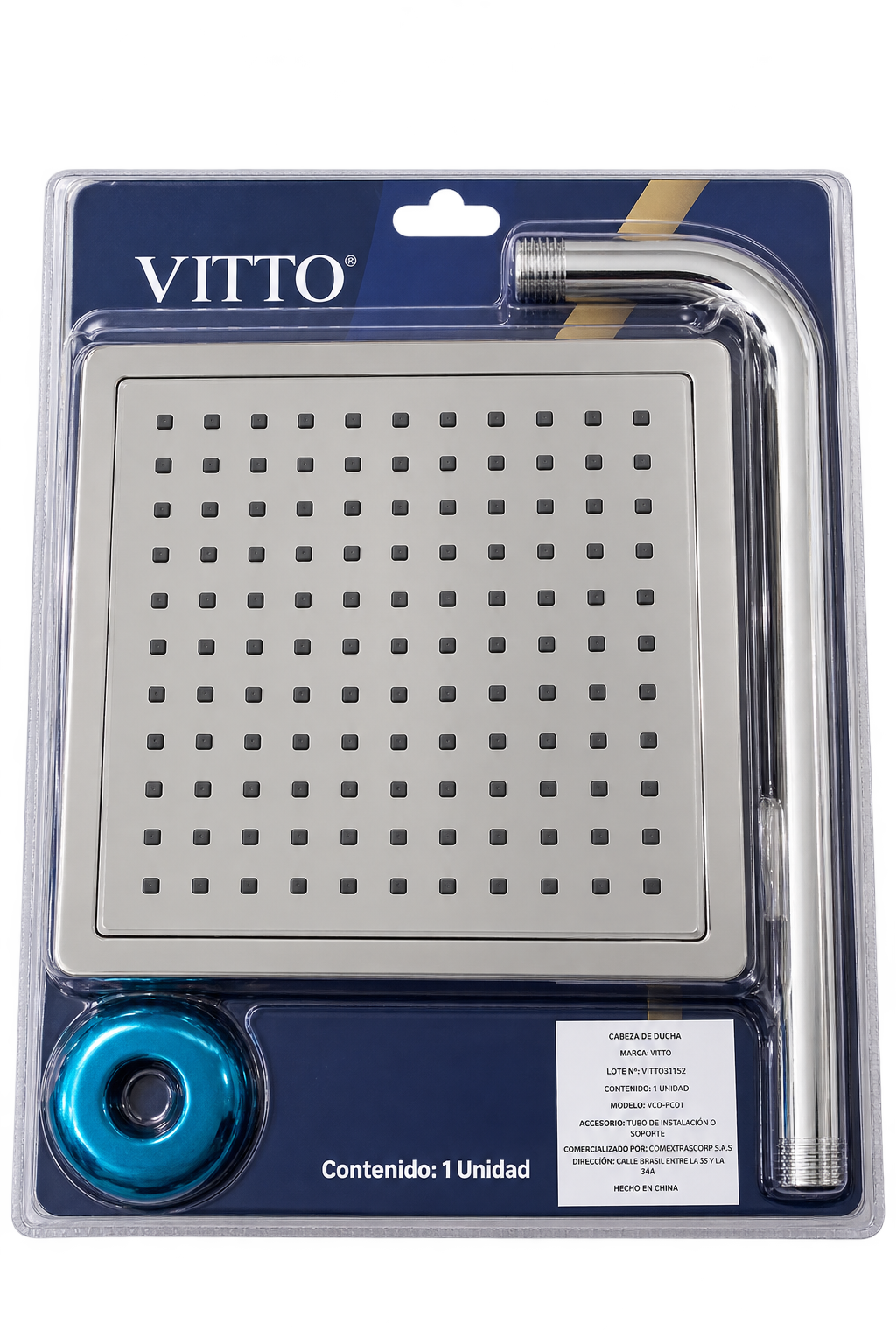 "CABEZA DE DUCHA VITTO PREMIUM PLUS CUADRADA 8"" CROMADA CON BRAZO"