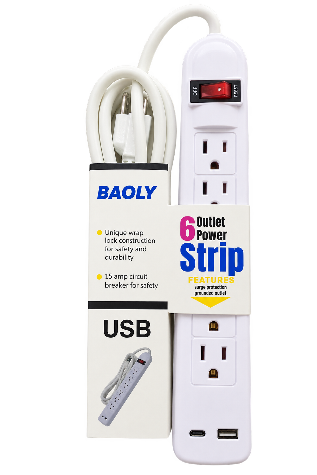 REGLETA DE 6/SERVICIOS CON 1 PUERTO USB + 1 PUERTO USB TIPO C CON CABLE DE 3MTS