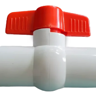 "VALVULA ESFERICA PVC BLANCA 3"" C/MANIJA ROJA DE PALANCA"